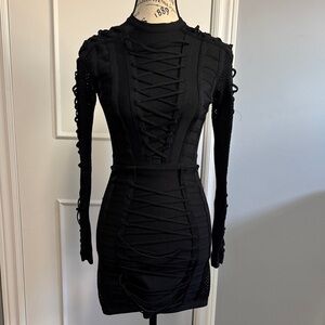 Chic Black Lace-Up Long Sleeve Dress - Size SMALL